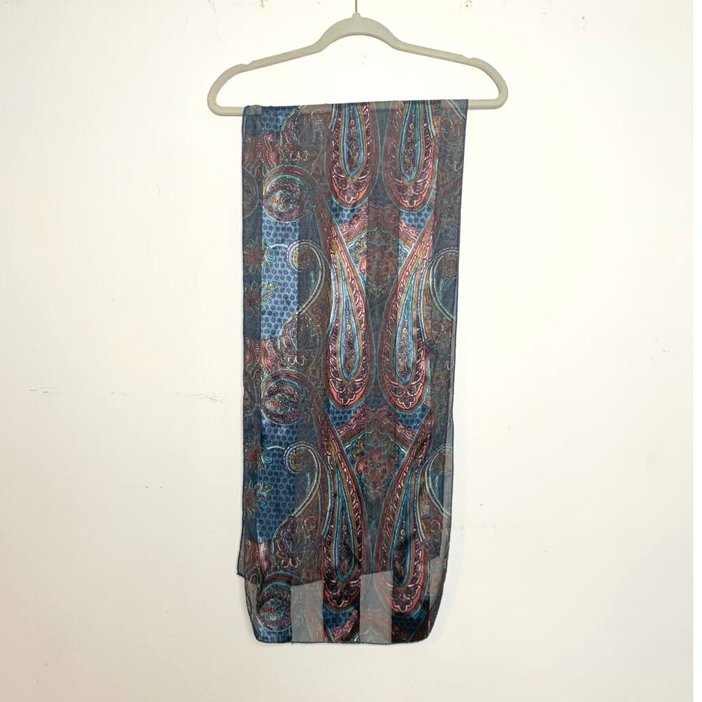 Vintage Sheer Paisley Scarf in Blue Teal and Burgundy Pink Boho Retro Luxury